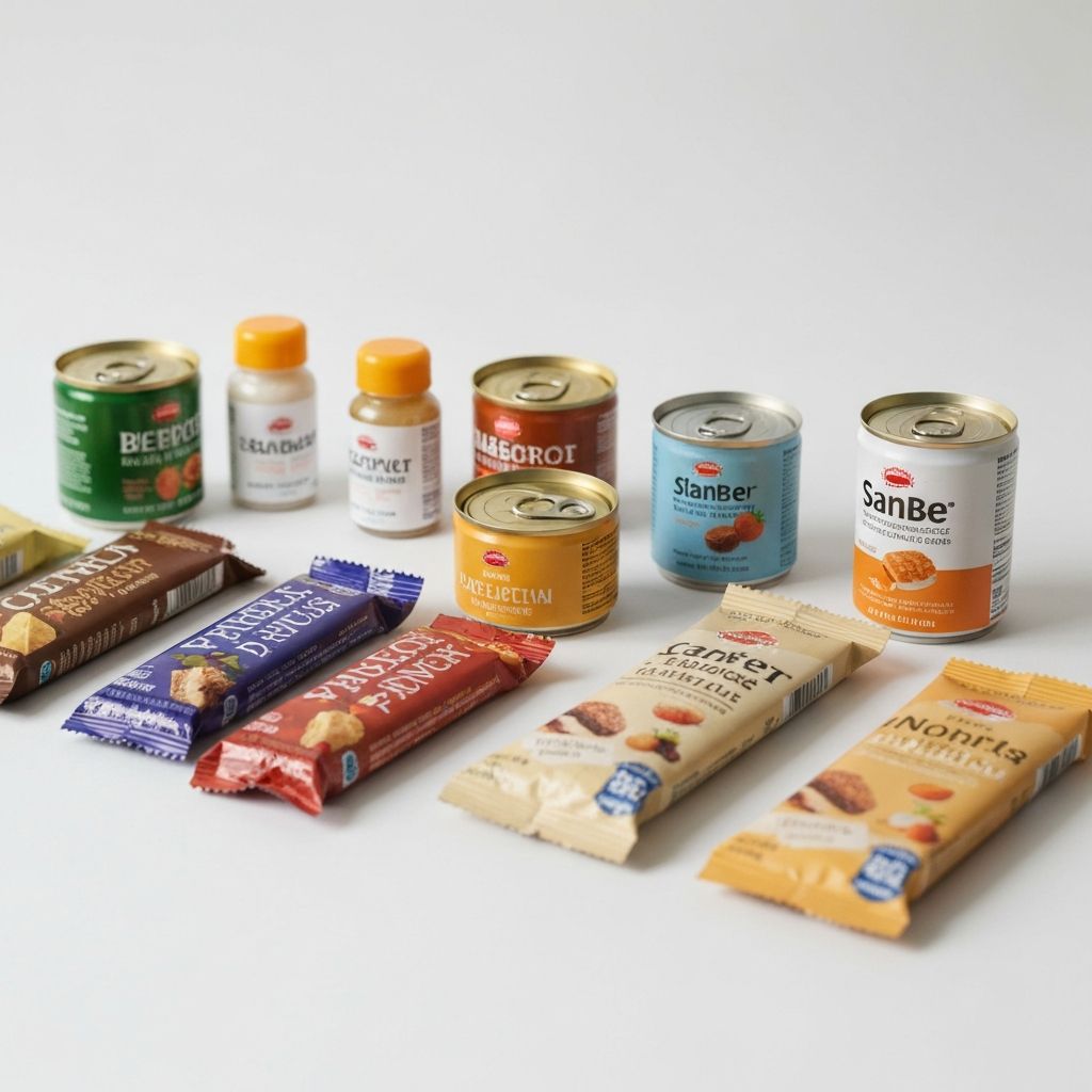 Verschiedene Verpackungen mit unterschiedlichen Beschriftungen und Designs