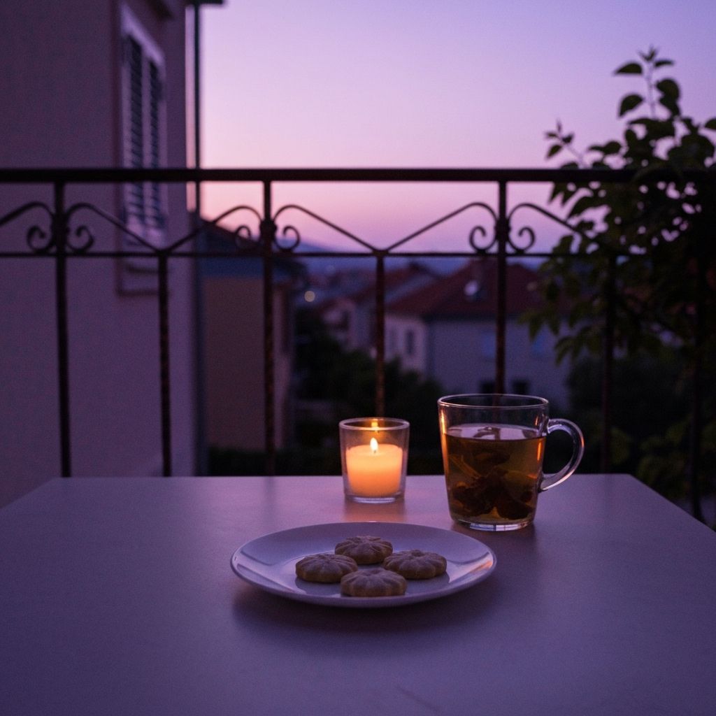 Večernja scena: toplinski čaj, svijeća, jednostavna jela, balkon u sumraku