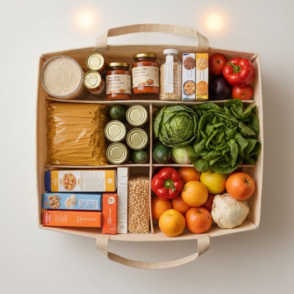 Übersichtlich gefüllter Einkaufskorb mit verschiedenen Produktkategorien