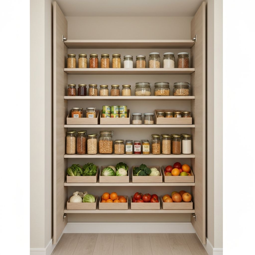 Geordnete Lebensmittel im Vorratsschrank nach Kategorien